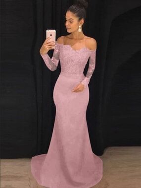 Off-Shoulder Long Sleeve Lace Evening Gown in Dusty Pink